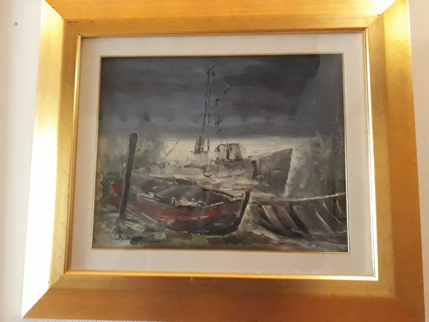 Peschereccio o barche in battigia, Barche e peschereccio sulla battigia (dipinto) di Sergio Raugi (attribuito) (sec. XX)
