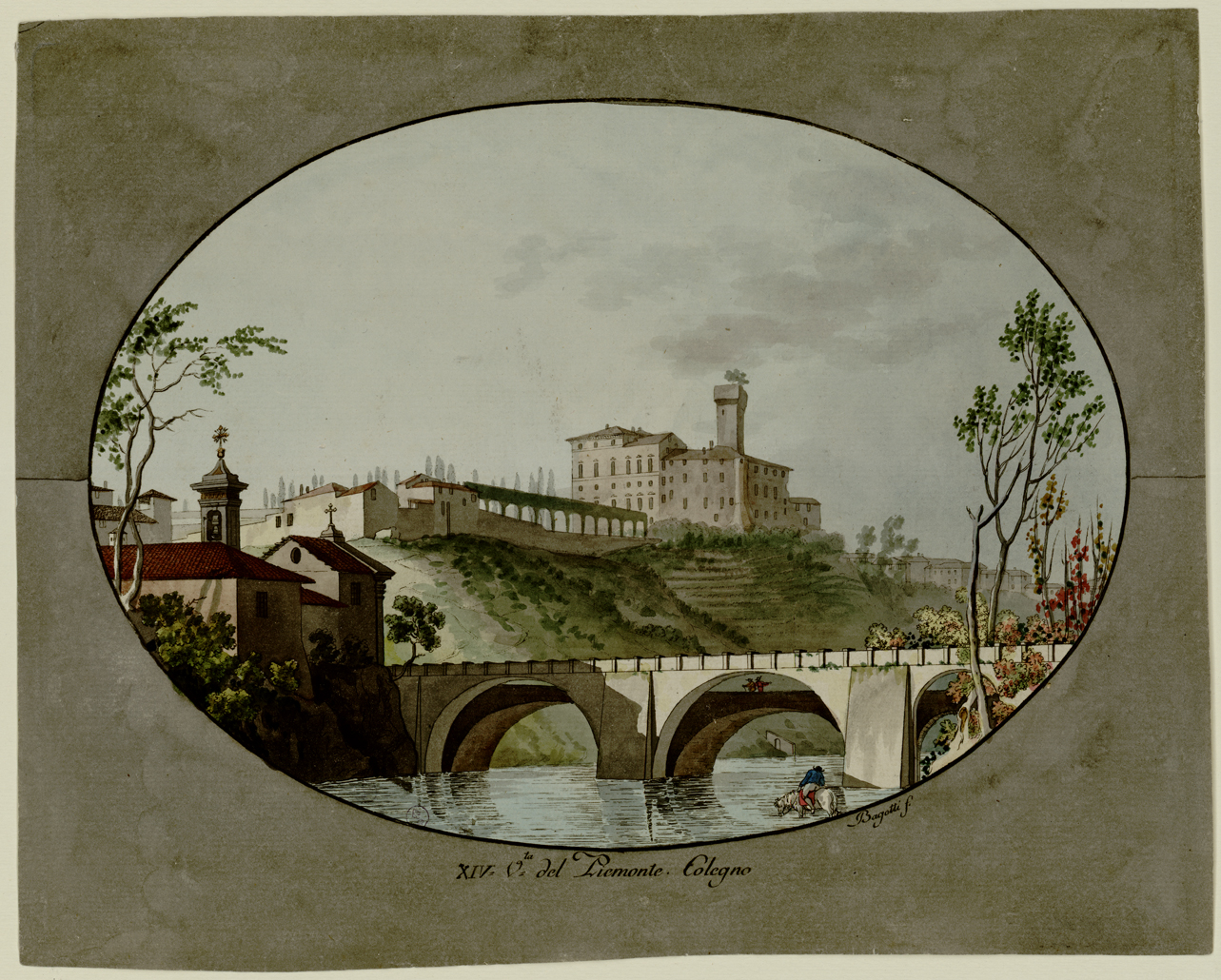 Quattordicesima veduta del Piemonte. Collegno, veduta di Collegno (stampa) di Bagetti Giuseppe Pietro (ultimo quarto sec. XVIII)