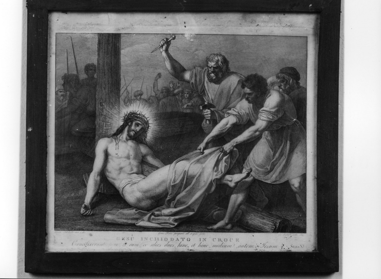 Gesù inchiodato in croce, stazione XI: Gesù inchiodato alla croce (stampa, serie) di Pera Giuseppe, Sabatelli Luigi, Cecchi Giovan Battista (sec. XIX)