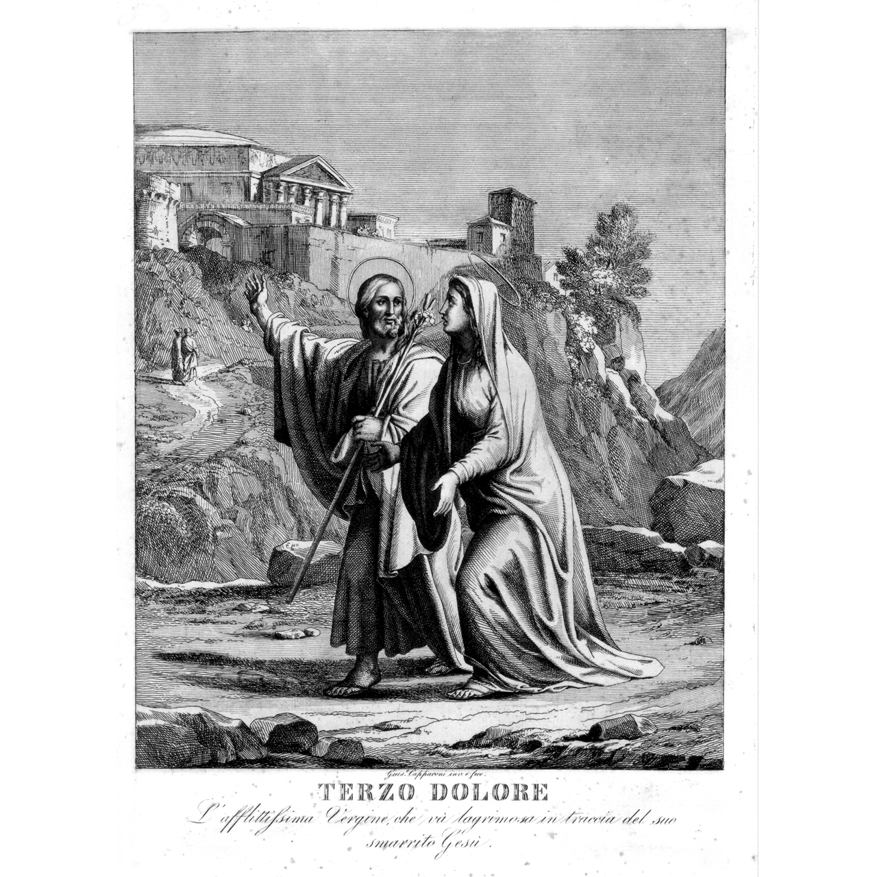 San Giuseppe e la Madonna cercano Gesù a Gerusalemme (stampa, serie) di Capparoni Giuseppe (sec. XIX)