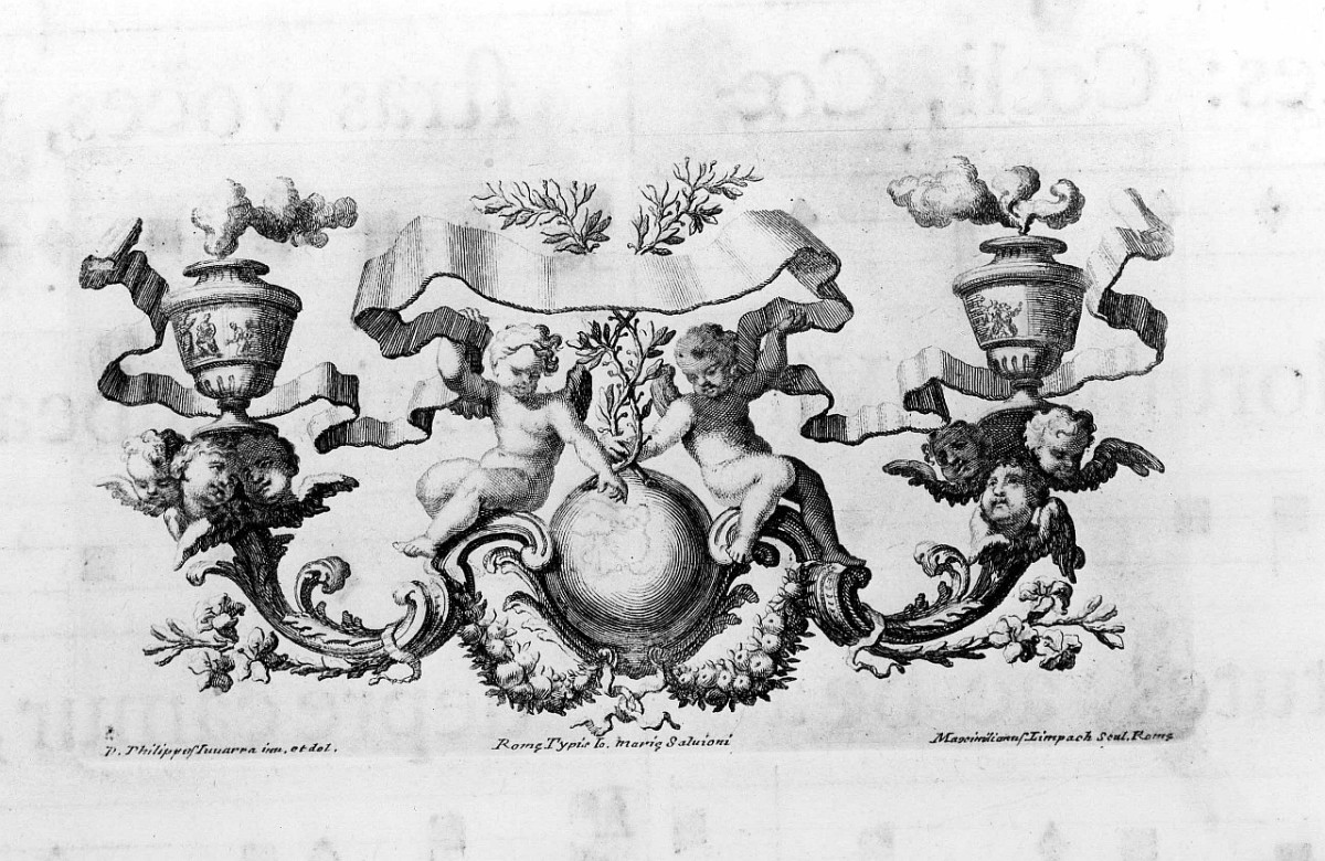 motivi decorativi vegetali a festoni con nastri e putti (stampa) di Limpach Maximilian Joseph, Juvarra Filippo (sec. XVIII)