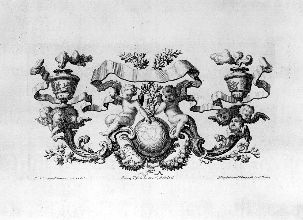 motivi decorativi vegetali a festoni con nastri e putti (stampa) di Limpach Maximilian Joseph, Juvarra Filippo (sec. XVIII)