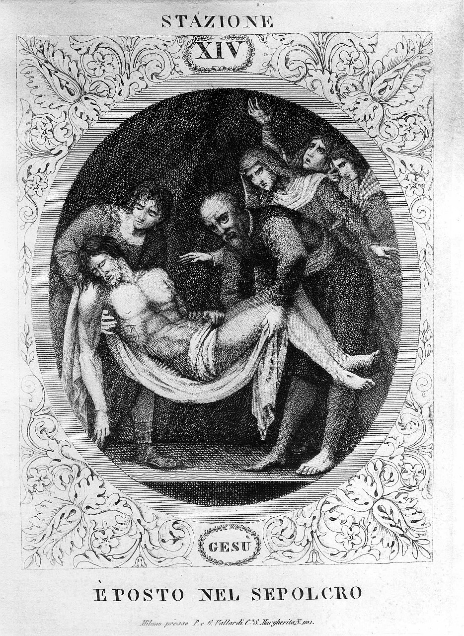 stazione XIV: Gesù deposto nel sepolcro (stampa) di Rados Luigi (prima metà sec. XIX)