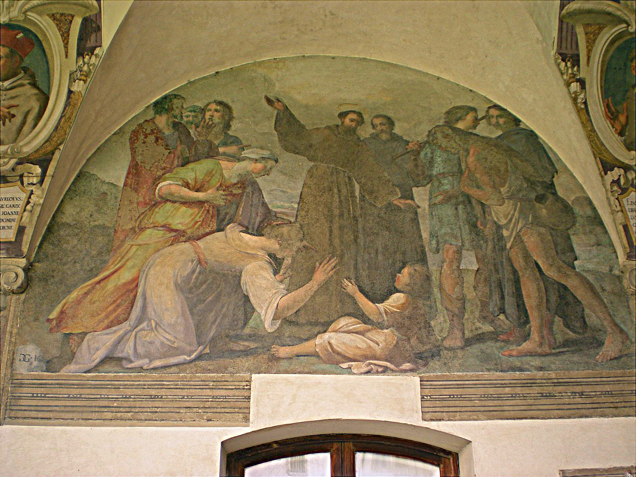 San Francesco d'Assisi che resuscita un bambino annegato (dipinto murale) di Ghidoni Galeazzo (primo quarto sec. XVII)