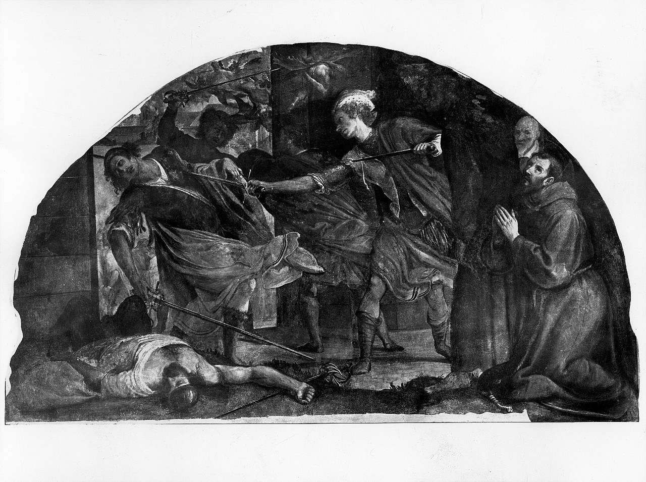 San Francesco d'Assisi con le orazioni scaccia i diavoli da Arezzo (dipinto murale) di Mannozzi Giovanni detto Giovanni da San Giovanni (primo quarto sec. XVII)