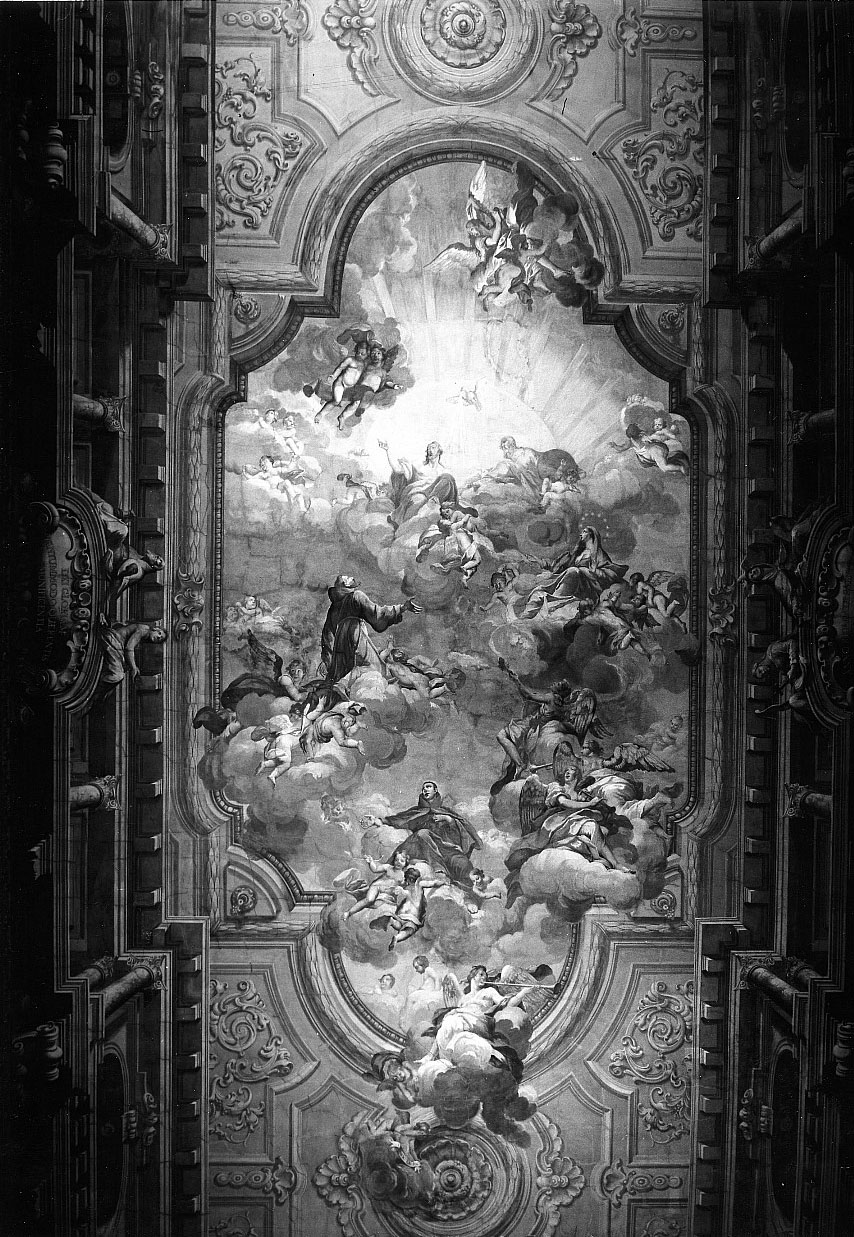 La SS. Trinità in gloria con l'Immacolata e i santi Francesco d'Assisi e Pasquale Baylon (soffitto dipinto) di Romei Giuseppe (seconda metà sec. XVIII)