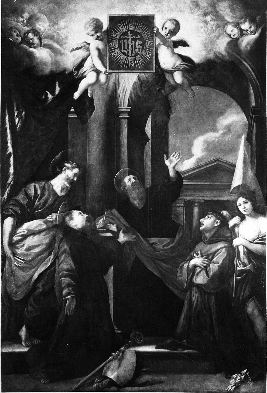 San Bernardino da Siena e il Beato Giovanni da Capestrano difensori dell'adorazione del Nome di Gesù con i Santi Pietro e Paolo (dipinto) di Dandini Vincenzo (sec. XVII)