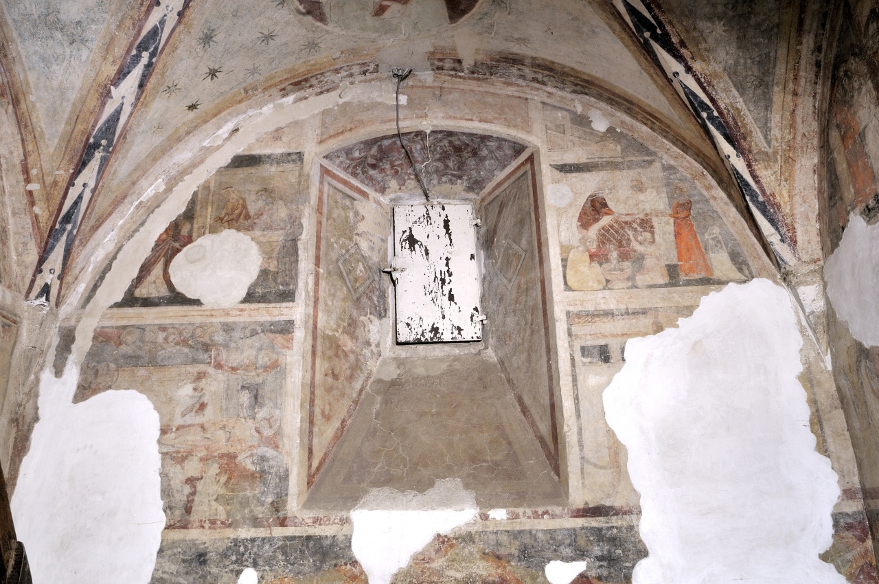 storie di San Nicola di Bari, finti tendaggi, specchiature (dipinto murale, ciclo) - ambito toscano (prima metà sec. XIV)