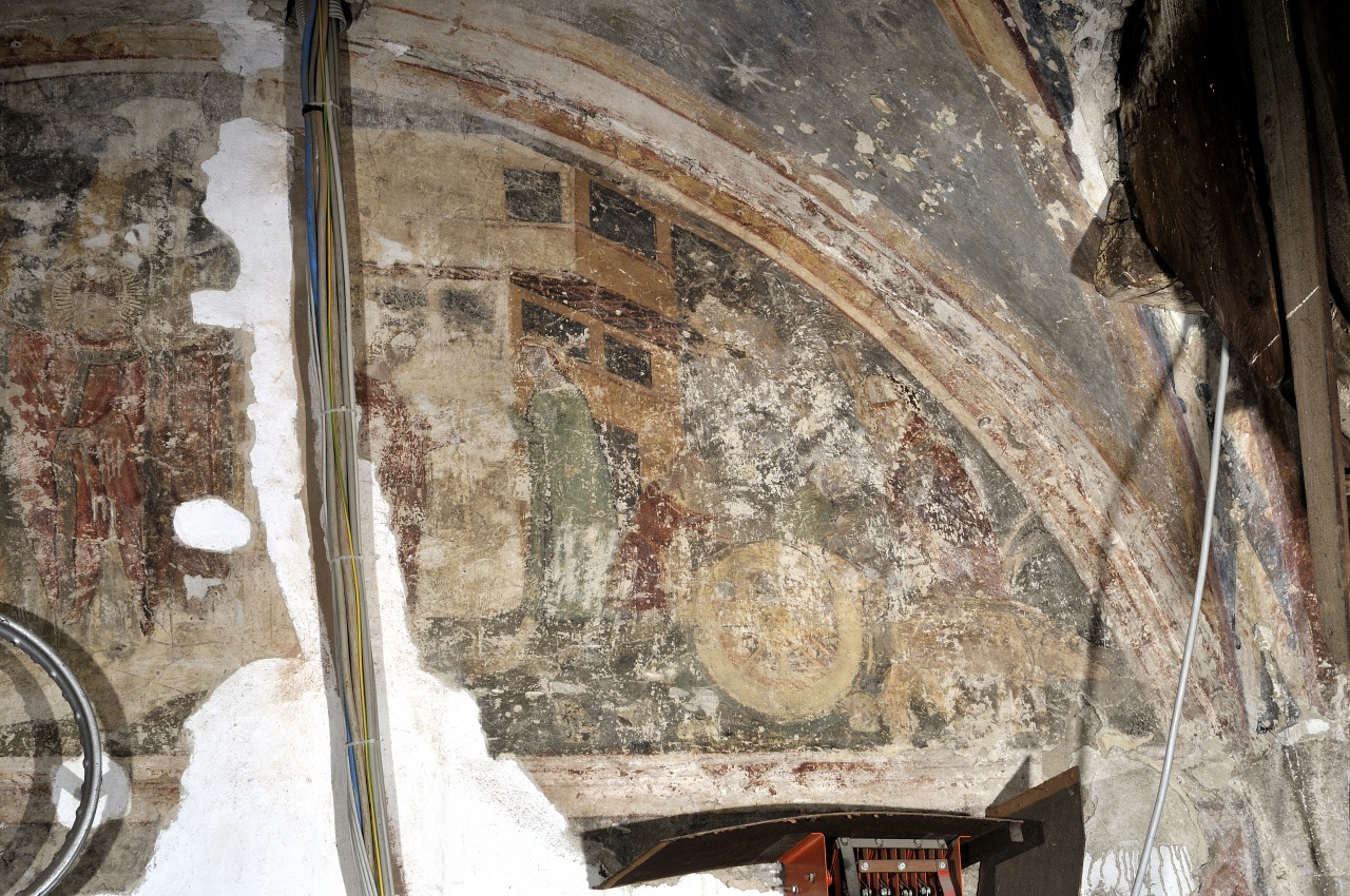 Il debitore spergiuro è travolto da un carro (dipinto murale) - ambito toscano (prima metà sec. XIV)