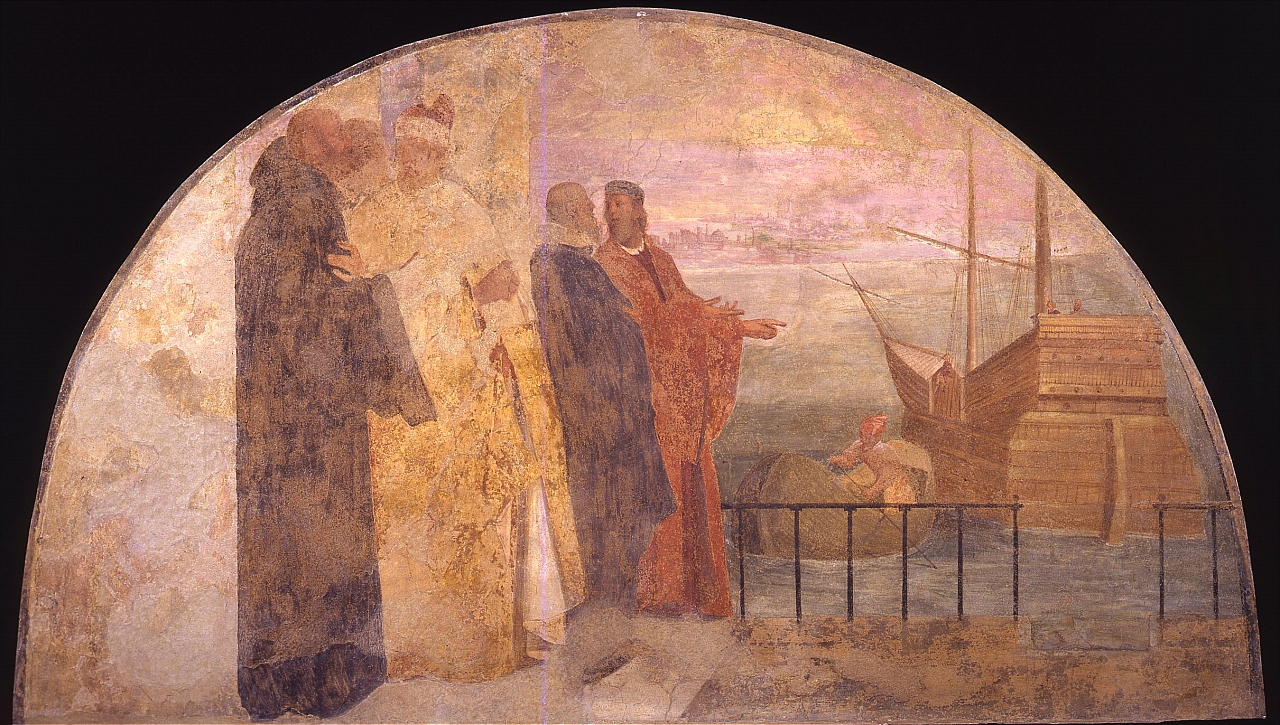 San Romualdo accompagna Pietro Orseolo che si imbarca per la Francia (dipinto murale staccato) di Mascagni Donato (sec. XVII)