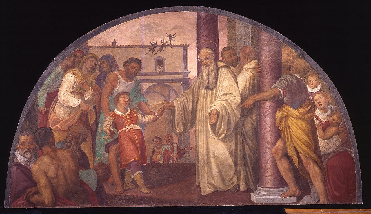 San Romualdo libera un fanciullo dal demonio (dipinto murale staccato) di Monaldi Bernardino (sec. XVII)