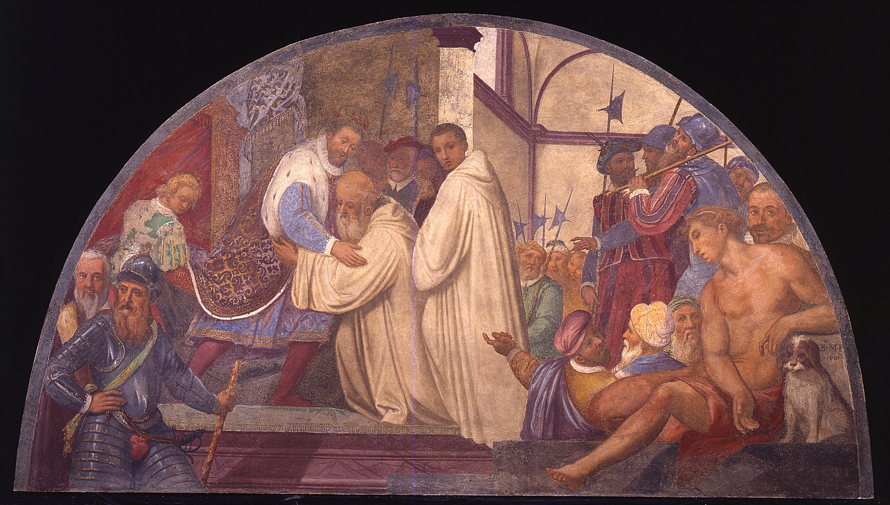 Enrico II affida a San Romualdo l'abbazia del Monte Amiata (dipinto murale staccato) di Monaldi Bernardino (sec. XVII)