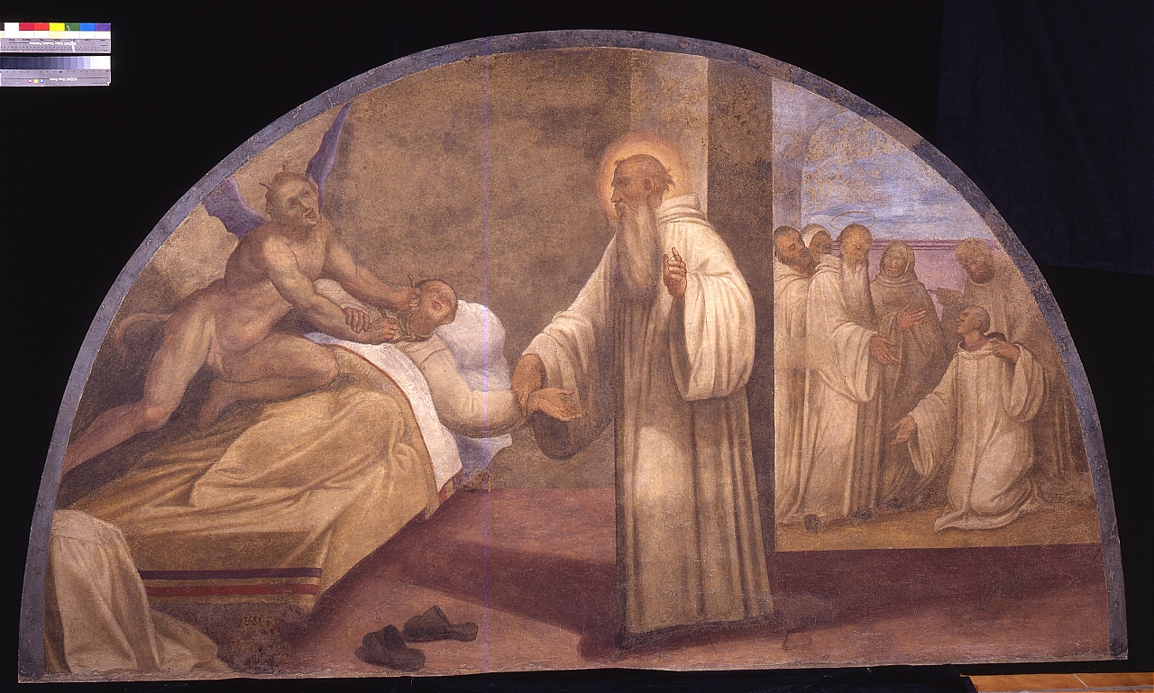San Romualdo salva un monaco dal diavolo (dipinto murale staccato) di Monaldi Bernardino (sec. XVII)