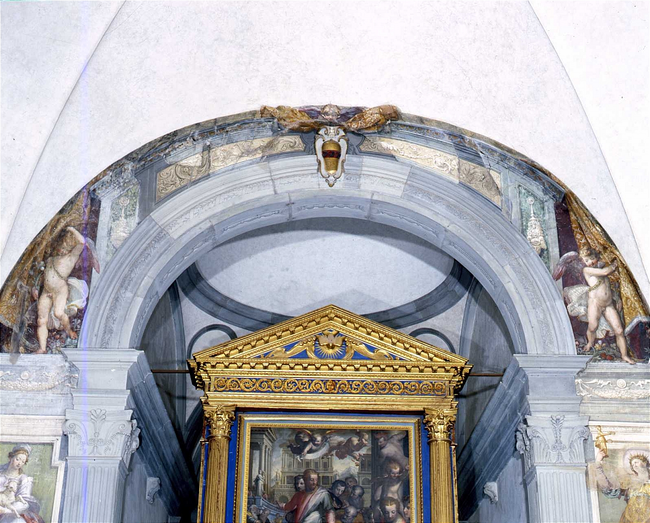 putti reggicortina e decorazione architettonica (dipinto murale) di Barbatelli Bernardino detto Poccetti (sec. XVII)