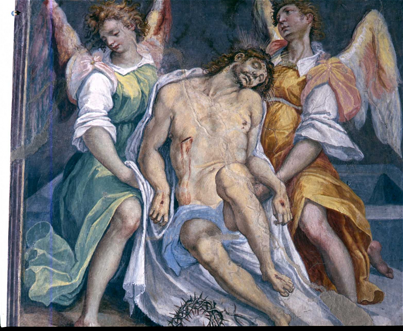 Cristo in pietà sorretto da angeli (dipinto murale staccato) di Ciocchi Ulisse (attribuito) (sec. XVII)