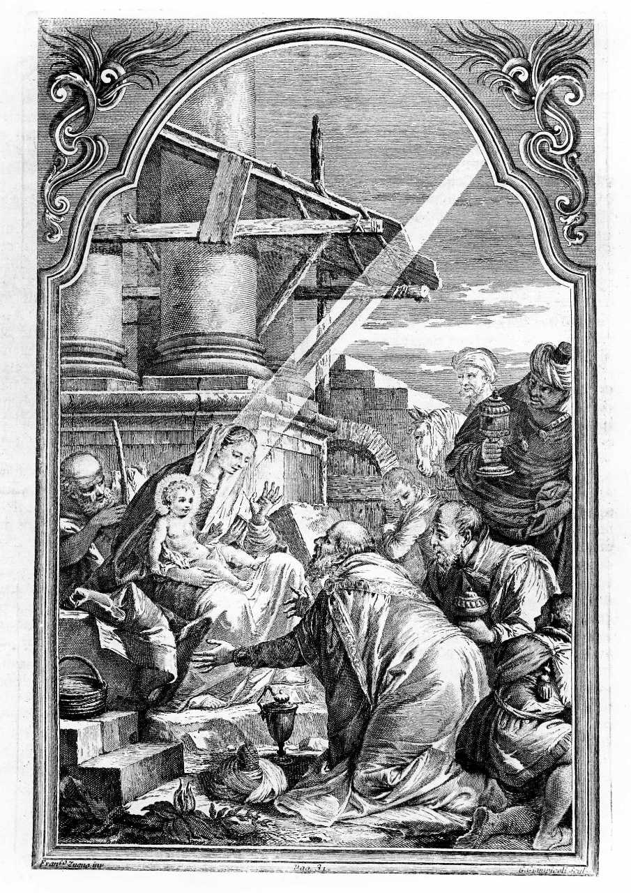 adorazione dei Re Magi (stampa) di Zugno Francesco, Giampicoli G (metà sec. XVIII)