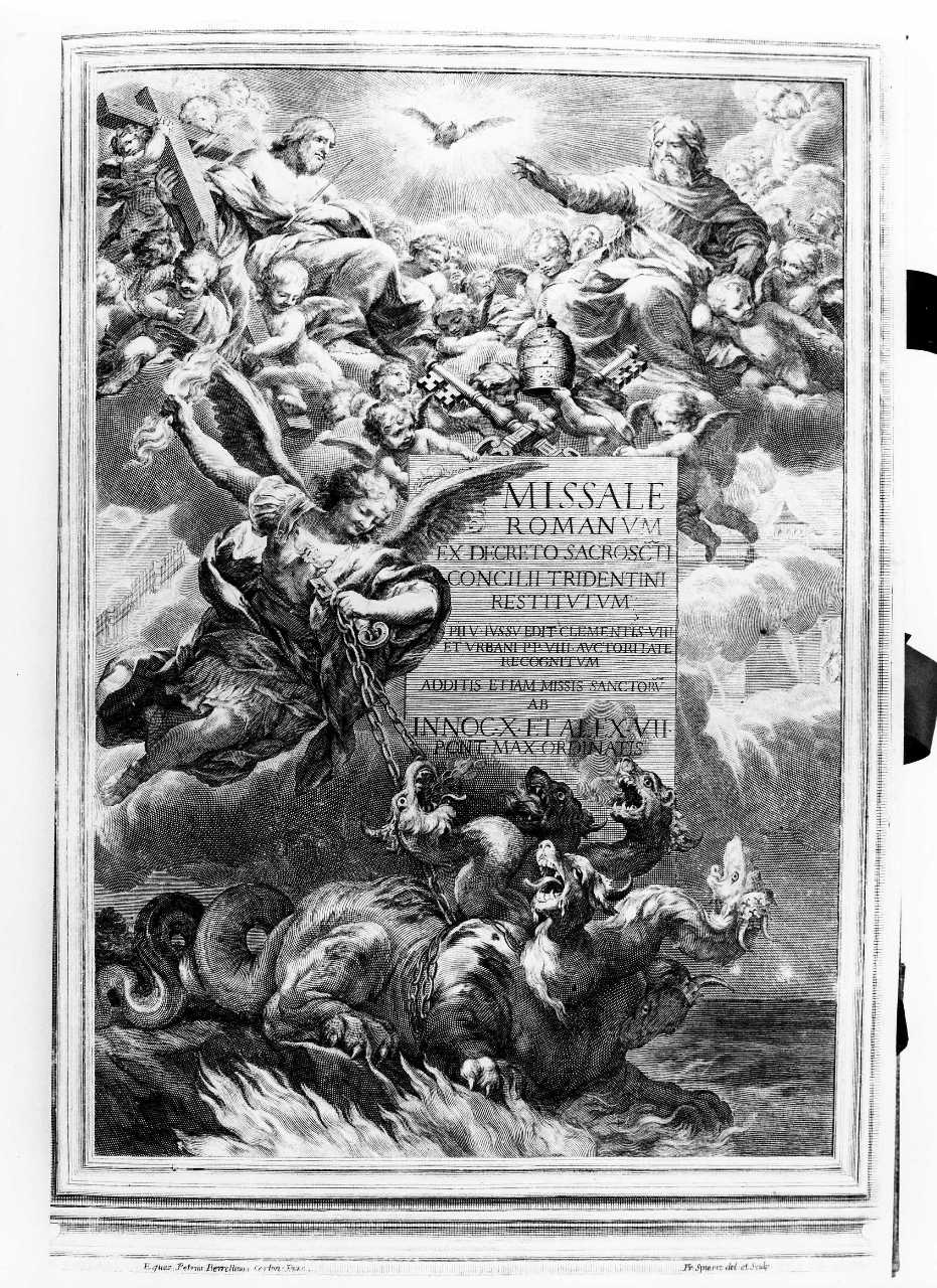 San Michele Arcangelo combatte il drago (stampa) di Berrettini Pietro detto Pietro da Cortona, Spierre François (terzo quarto sec. XVII)