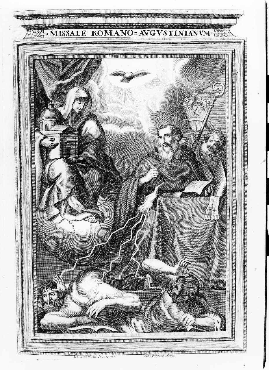 Sant'Agostino con il trionfo della Chiesa sull'Eresia (stampa) di Severoni Giuseppe, Vincent Hubert (primo quarto sec. XVIII)