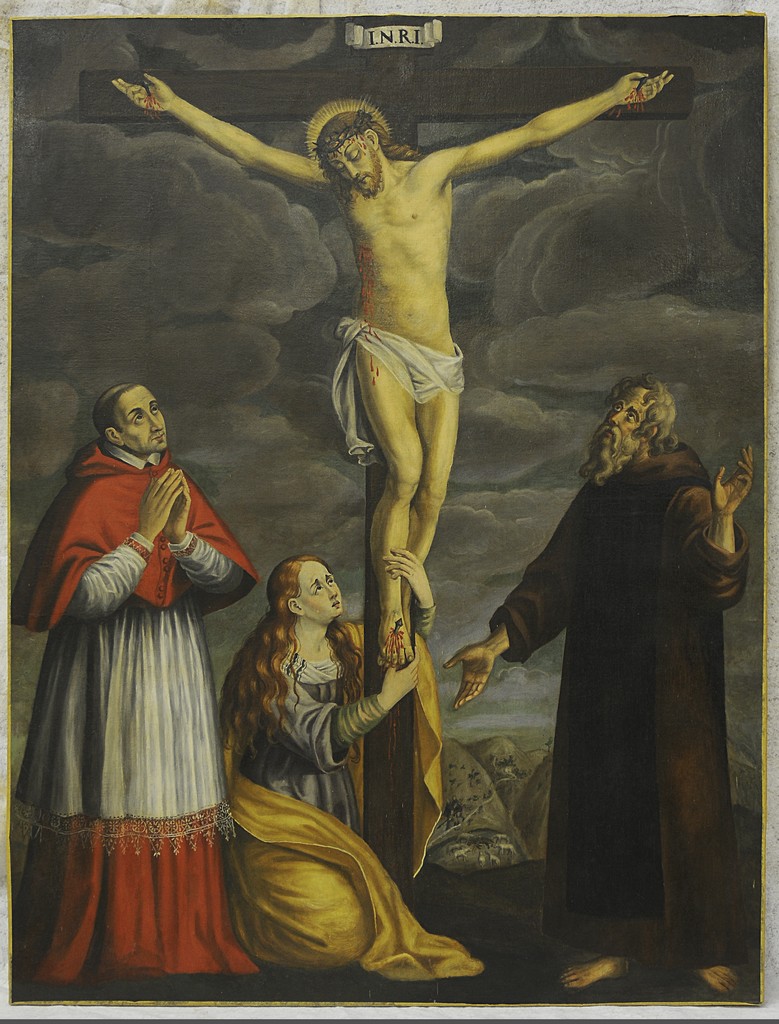 Crocifissione tra San Carlo Borromeo, Santa Maria Maddalena e San Fiorenzo (dipinto, opera isolata) di Carocci Antonio (maniera) - ambito umbro (metà sec. XVII)