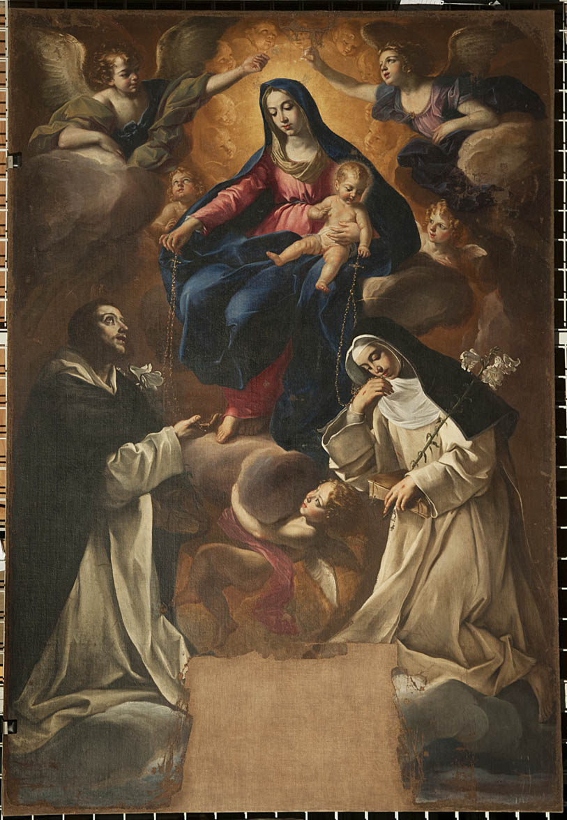 Madonna del Rosario con San Domenico e Santa Caterina da Siena (dipinto, elemento d'insieme) di Brandi Giacinto (attribuito) (terzo quarto XVII)