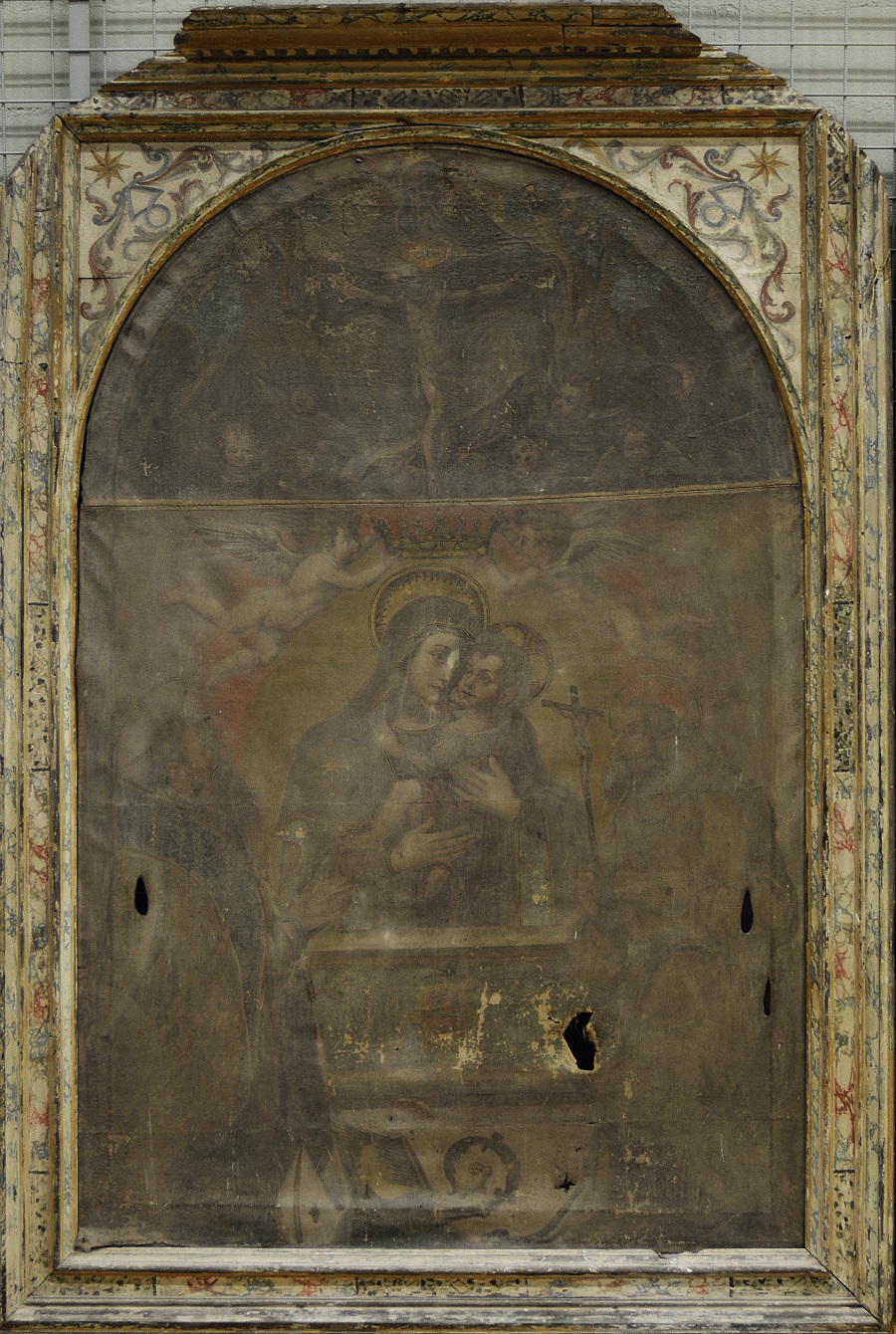 Madonna col Bambino tra San Francesco e San Biagio sormantati dalla Santissima Trinità (dipinto, opera isolata) - bottega Italia centrale (seconda metà XVI)