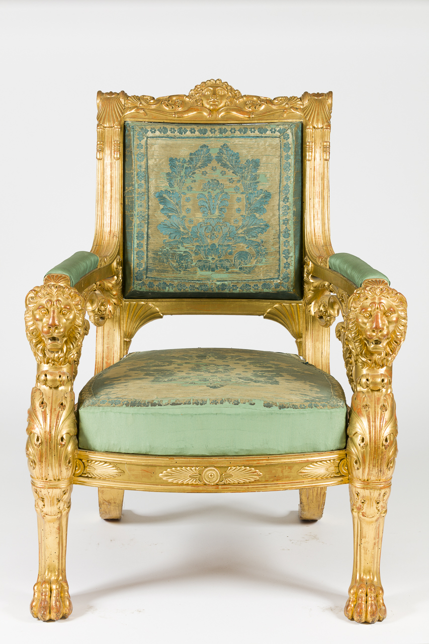 leoni (nei montanti anteriori) (poltrona - con braccioli, coppia) di Palagi, Pelagio, Capello, Gabriele (attribuito) (secondo quarto sec. XIX)