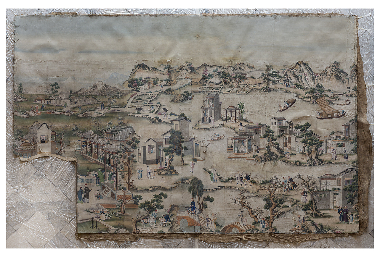 paesaggio cinese con figure (parato, opera isolata) - manifattura cinese (terzo quarto XVIII)