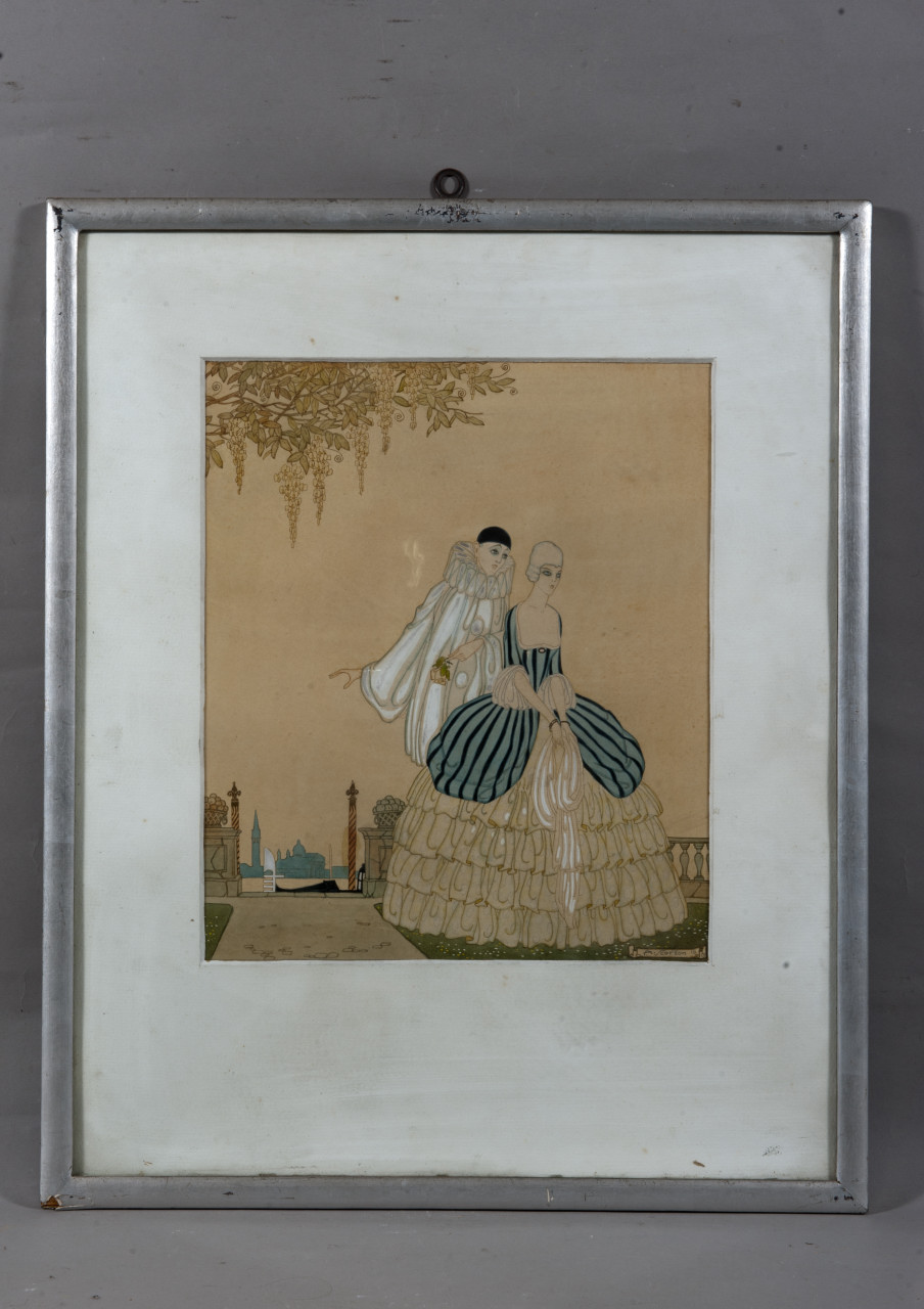 Pierrot e Colombina (dipinto, opera isolata) di Scorzon, Amos (primo quarto XX)
