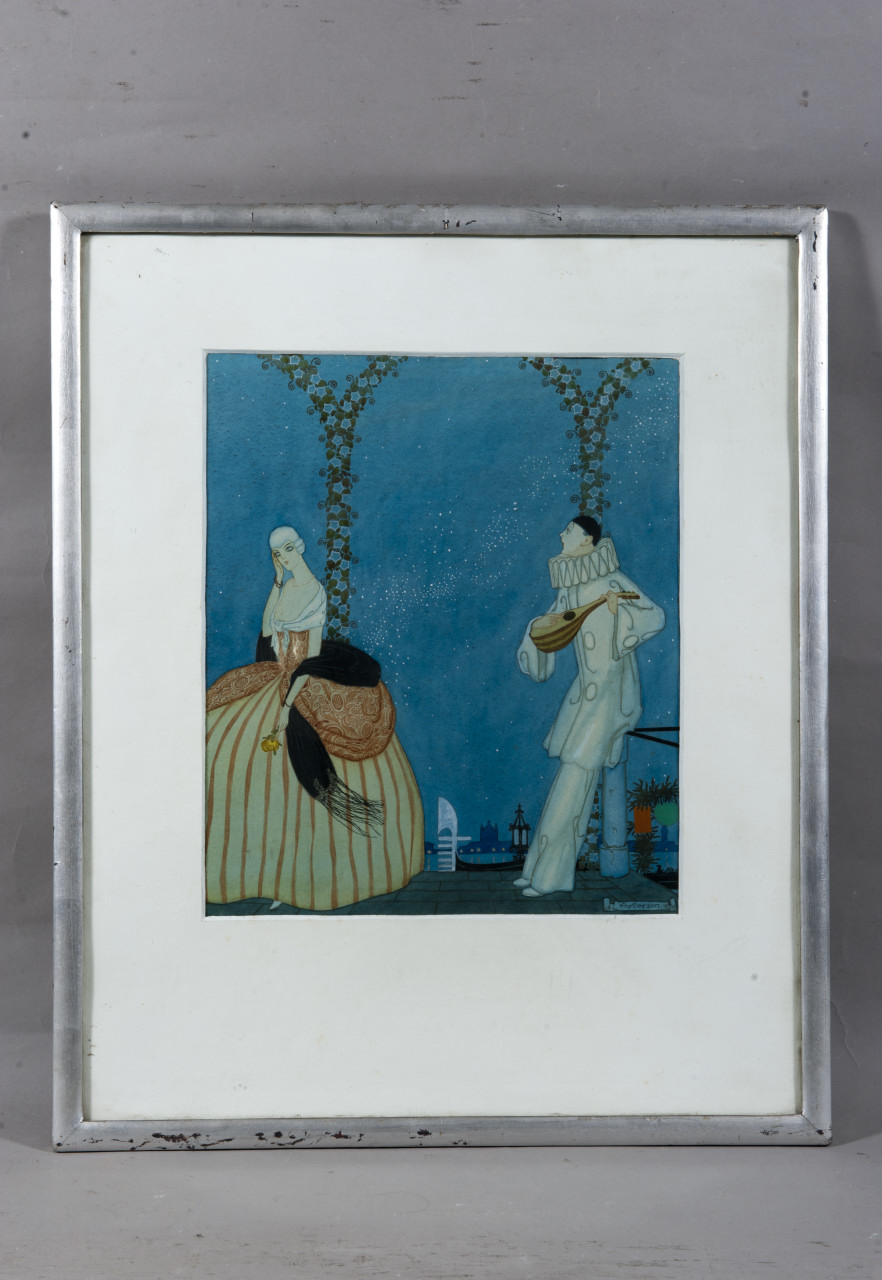Pierrot e Colombina (dipinto, opera isolata) di Scorzon, Amos (primo quarto XX)