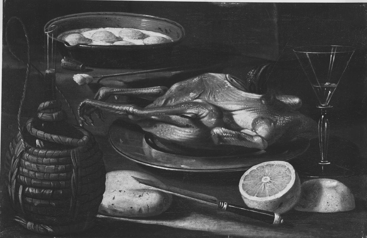 cucina con pollo e uova (dipinto) di Munari Cristoforo (sec. XVIII)