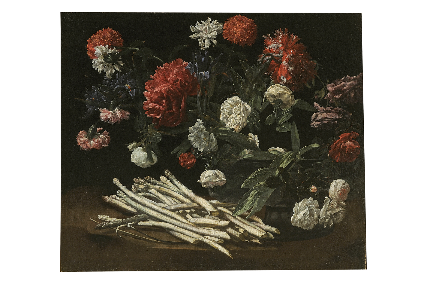 natura morta con rose, asparagi, peonie e garofani (dipinto) di Martinelli Giovanni (prima metà sec. XVII)