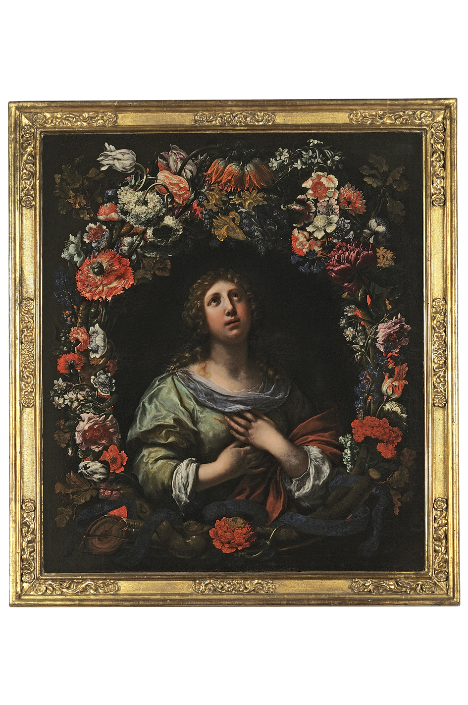 ghirlanda di fiori con Sant'Agnese (dipinto) di Scacciati Andrea, Marinari Onorio (sec. XVII)