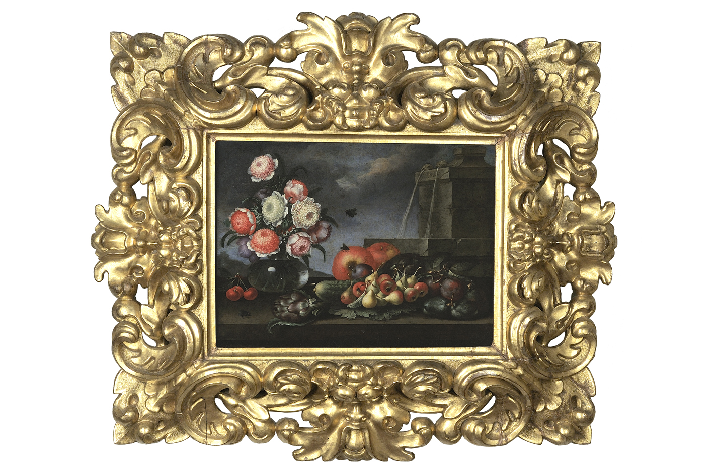 natura morta con frutti, fiori e fontana (dipinto) di Ligozzi Bartolomeo (sec. XVII)