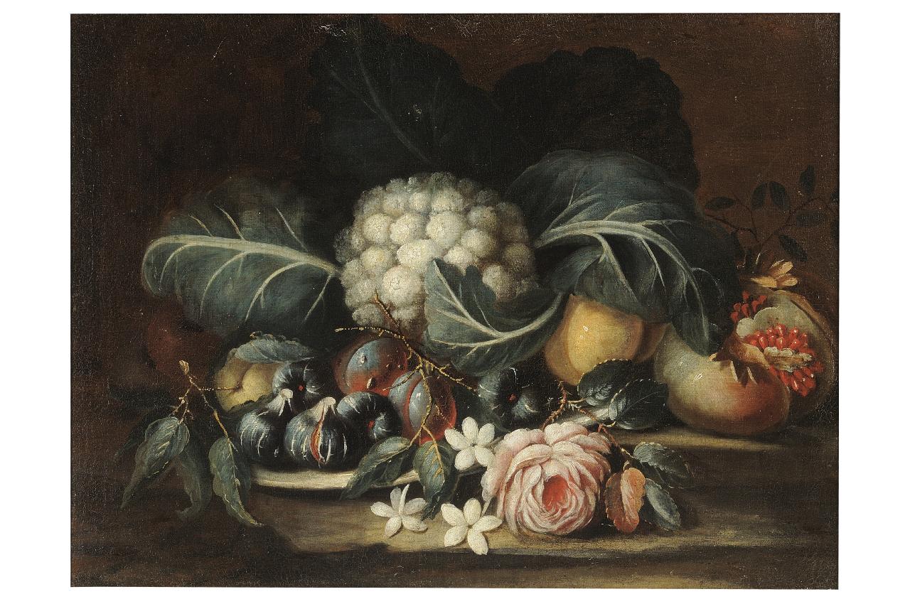 natura morta di verdura e frutta (dipinto) - ambito italiano (sec. XVII)