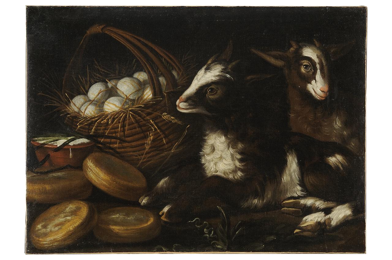 capre con cesto di uova (dipinto) di Resani Arcangelo (attribuito) (sec. XVIII)