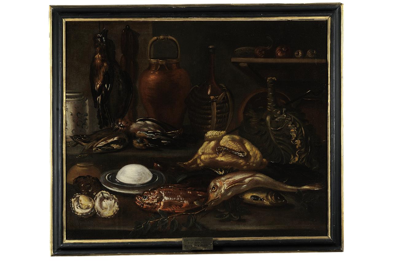 cucina con carni, verdura e fiasco di vino (dipinto) di Boselli Felice (maniera) (seconda metà sec. XVII)