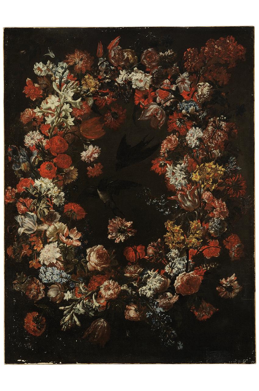 ghirlanda gi fiori con rondini (dipinto) di Bimbi Bartolomeo (seconda metà sec. XVII)