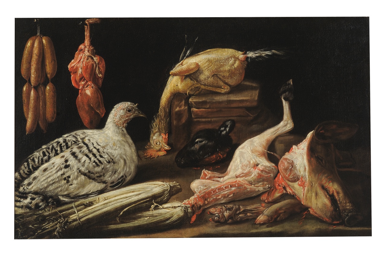 cucina con carni, verdura e volatile (dipinto) di Boselli Felice (attribuito) (sec. XVII)