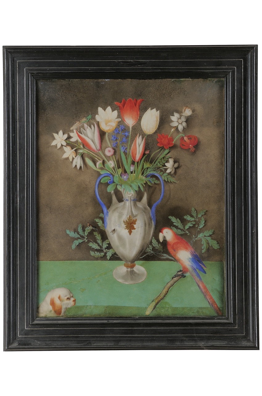 vaso con fiori con pappagallo e cane (dipinto) - ambito fiorentino (primo quarto sec. XVII)