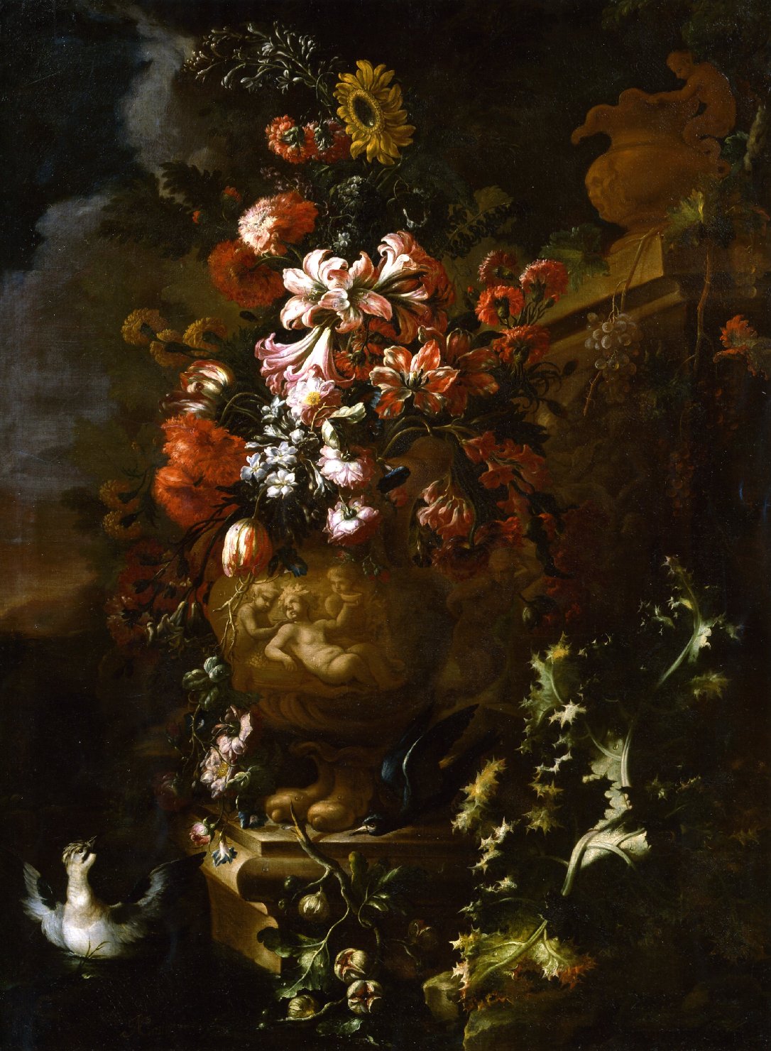 vaso con fiori e volatili (dipinto) di Casissa Nicola (sec. XVIII)