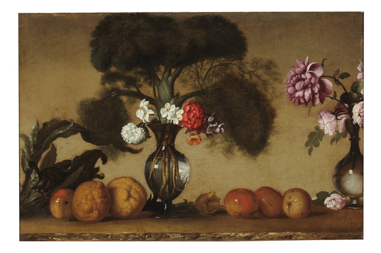 natura morta convasi con fiori, frutta e verdure (dipinto) di Strozzi Bernardo (cerchia) (sec. XVII)