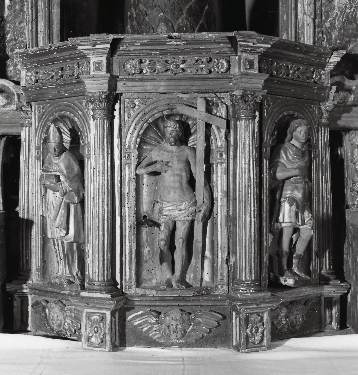 Cristo Risorto, SS. Filastrio e Floriano, cherubini (tabernacolo - a tempietto, elemento d'insieme) - manifattura della Valcamonica (sec. XVII)