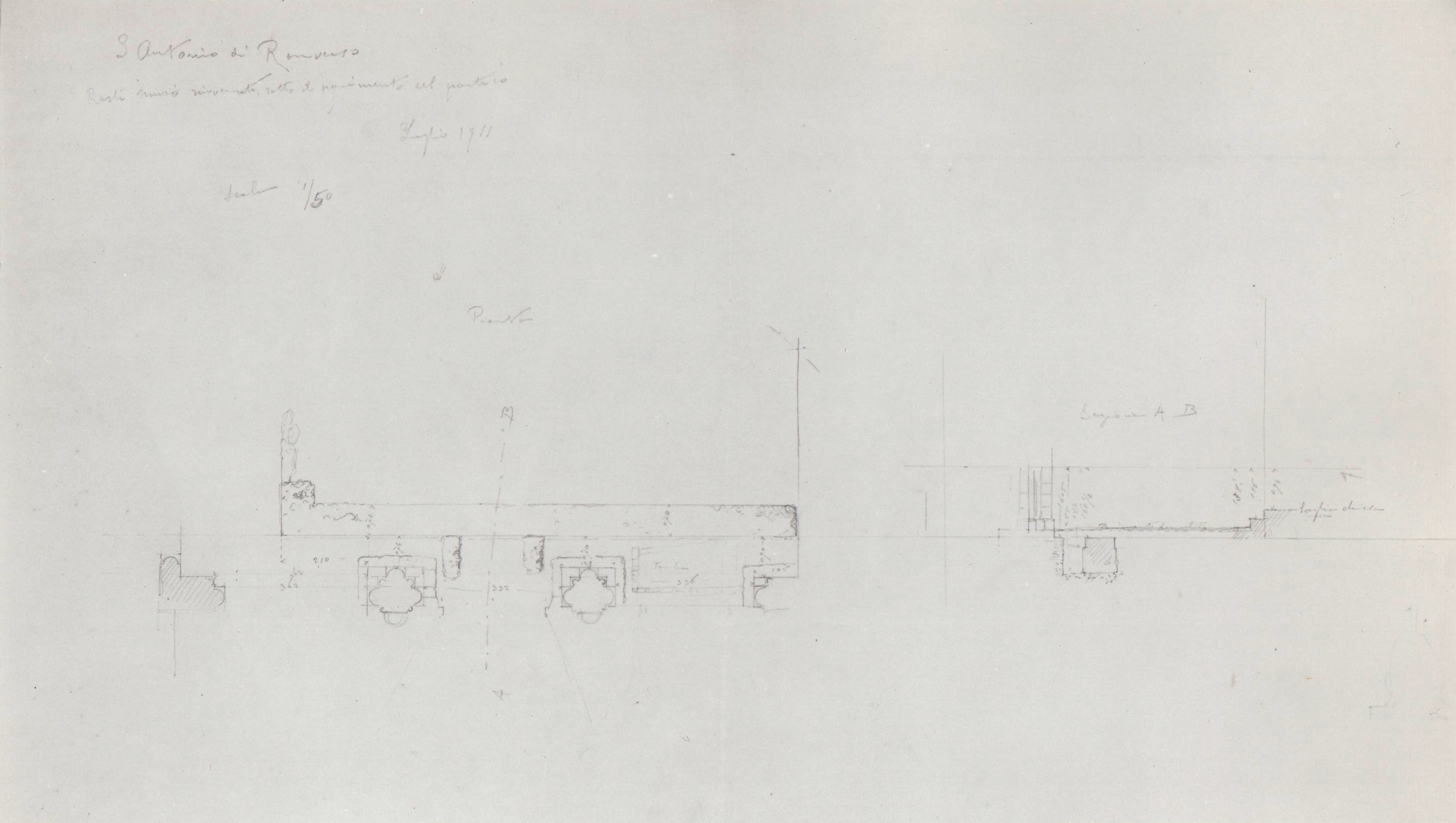 S. Antonio di Ranverso/ Resti muro rinvenuti sotto il pavimento nel portico/ Pianta/ Sezione AB, Abbazia di S. Antonio di Ranverso a Buttigliera Alta (TO)/ chiesa (disegno architettonico) - ambito piemontese (inizio XX)