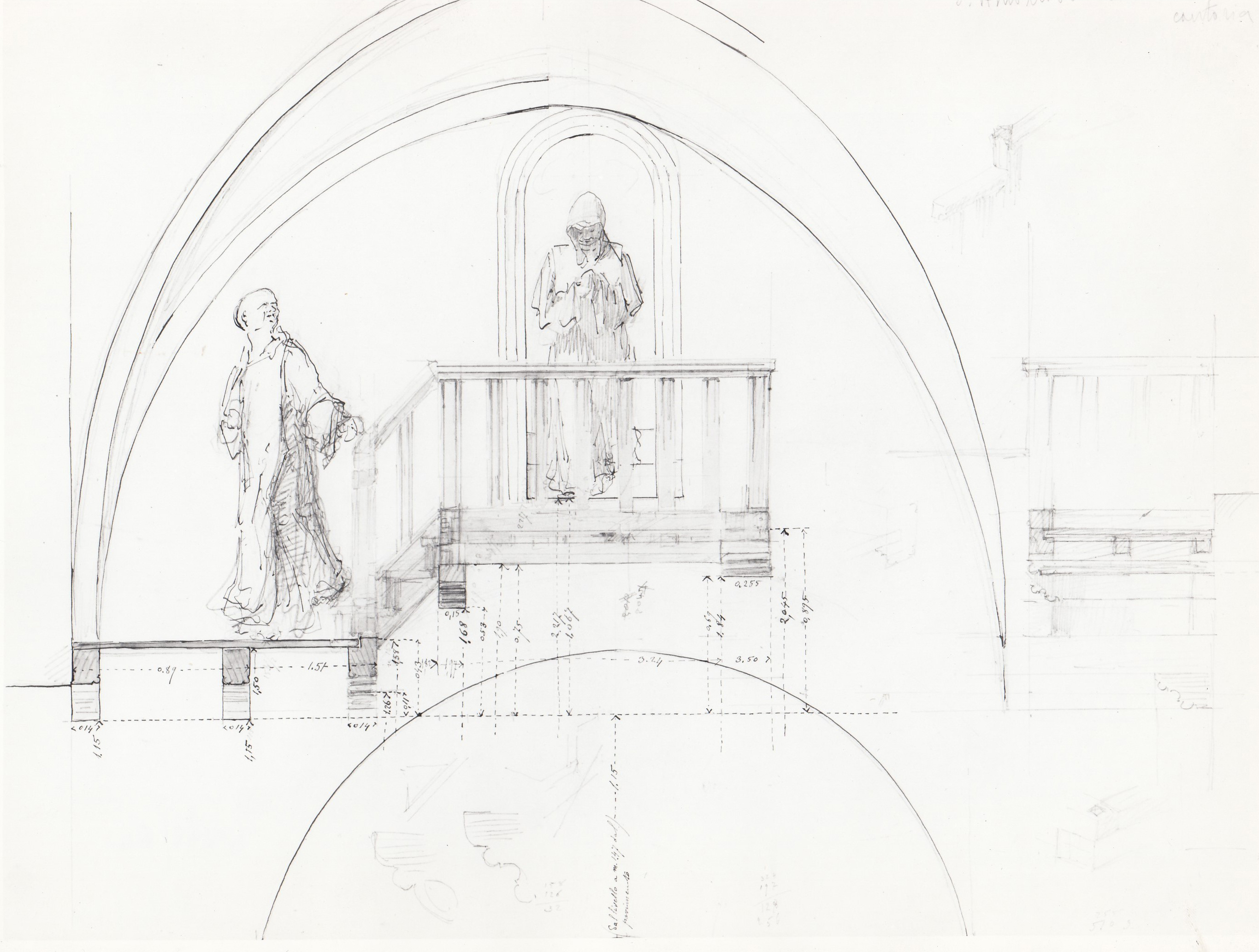 Abbazia di S. Antonio di Ranverso a Buttigliera Alta (TO)/ chiesa/ prospetti della cantoria nella navata destra (disegno architettonico) - ambito piemontese 