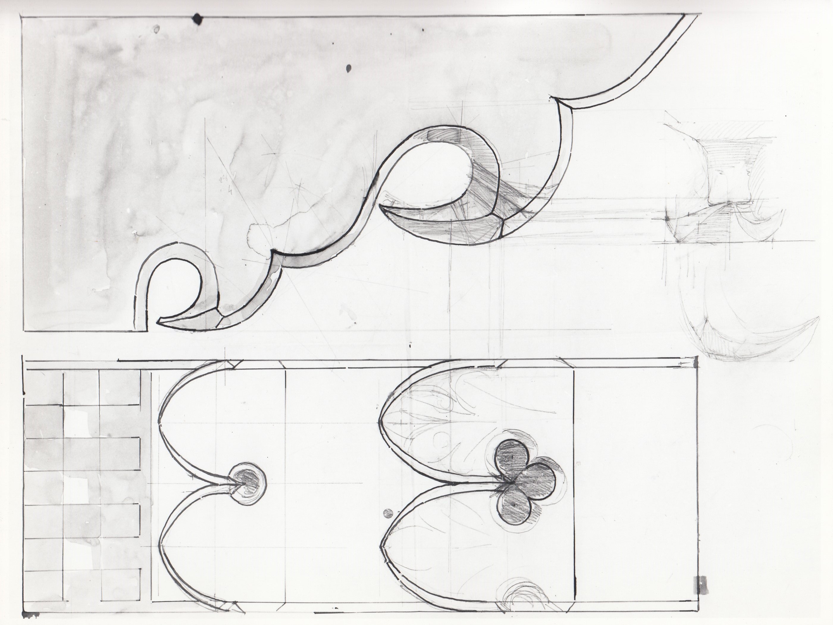 Abbazia di S. Antonio di Ranverso a Buttigliera Alta (TO)/ chiesa/ cantoria/ mensole della cantoria/ vista di fianco e di sotto (disegno architettonico) - ambito piemontese 