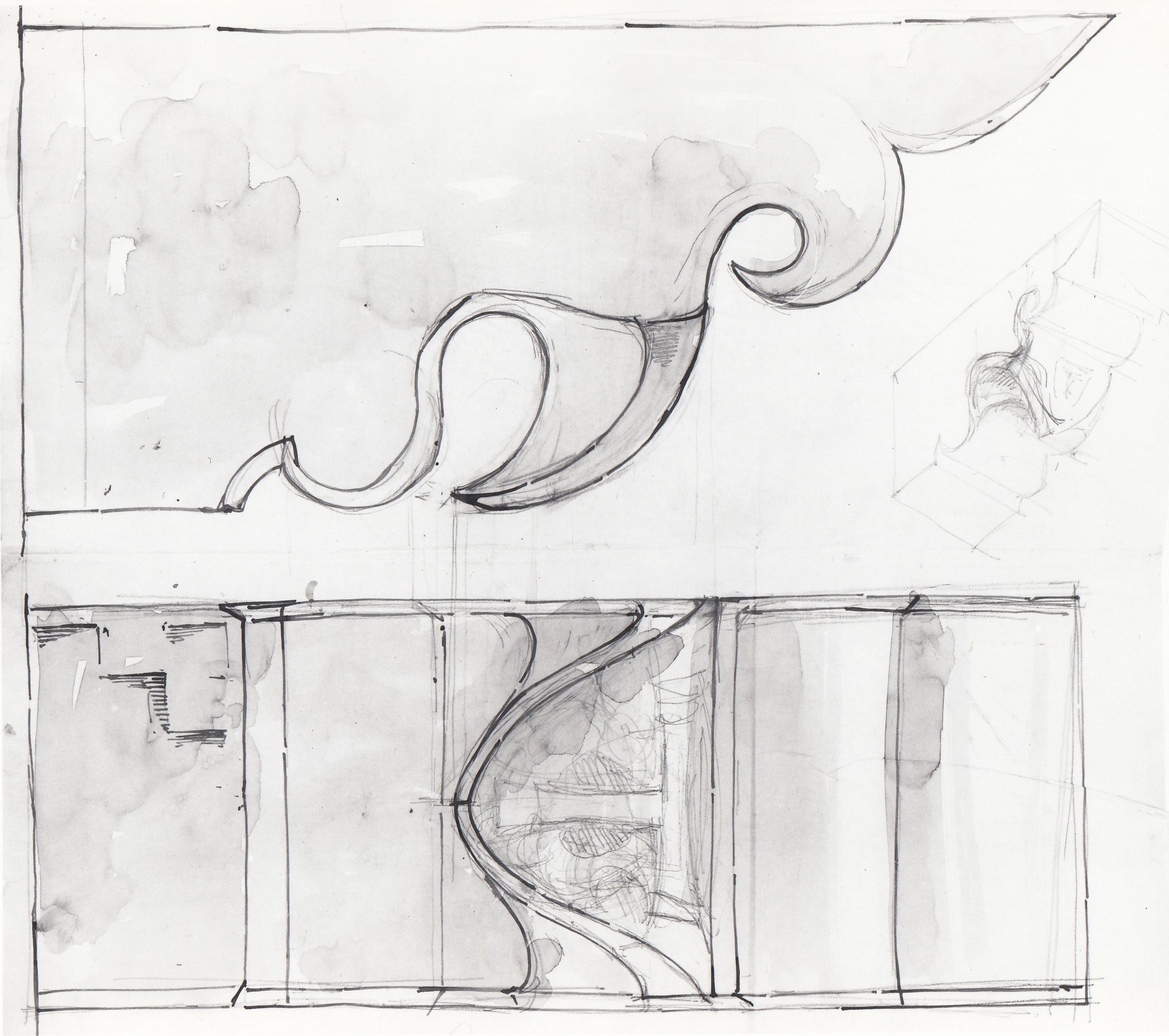 Abbazia di S. Antonio di Ranverso a Buttigliera Alta (TO)/ chiesa/ cantoria/ mensola/ prospetto dal basso e sezione longitudinale (disegno architettonico) - ambito piemontese 