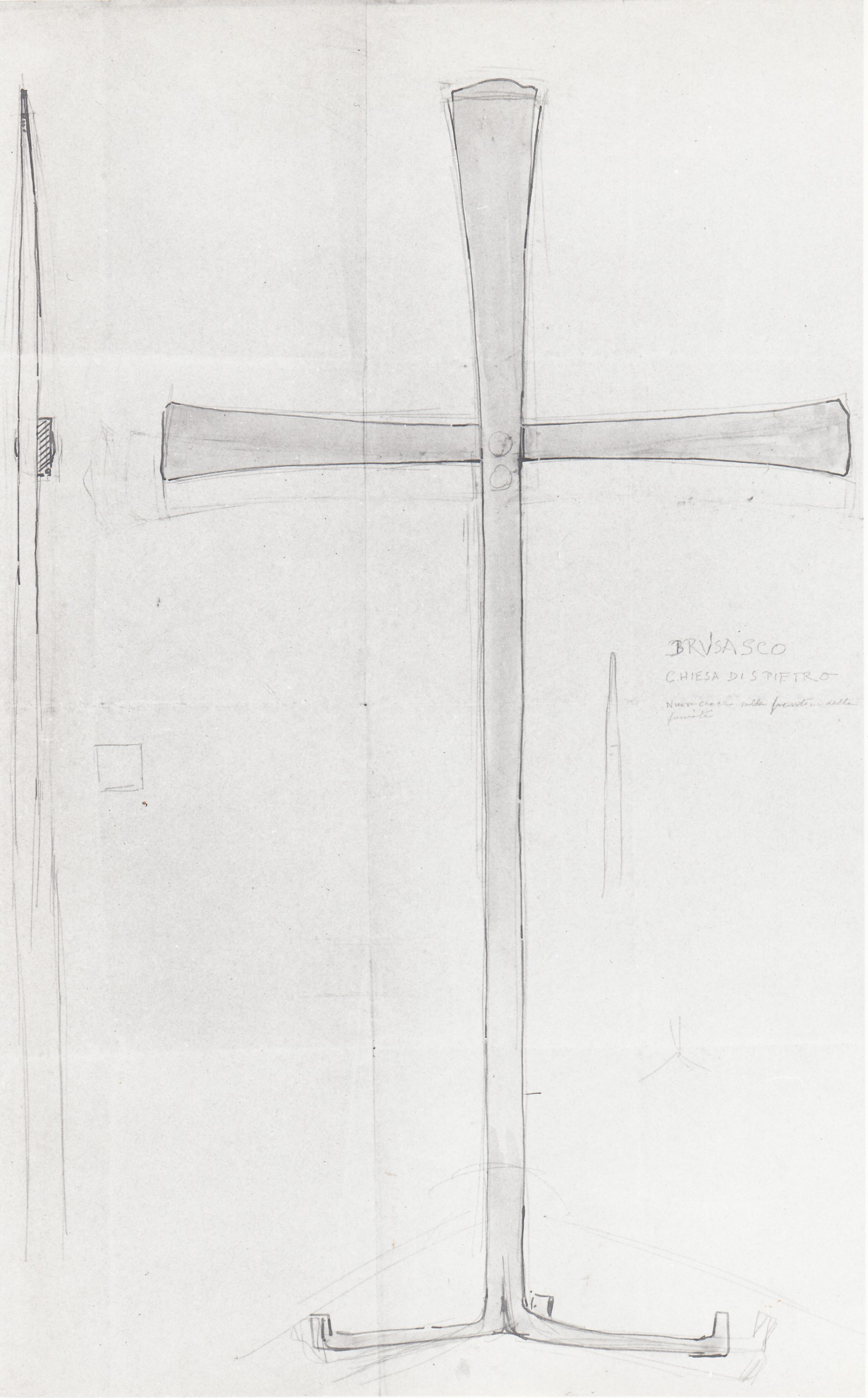 Brusaco/ Chiesa di San Pietro/ Nuove croce nel frontone della facciata, Chiesa di San Pietro a Brusaco (TO) (disegno) - ambito piemontese 