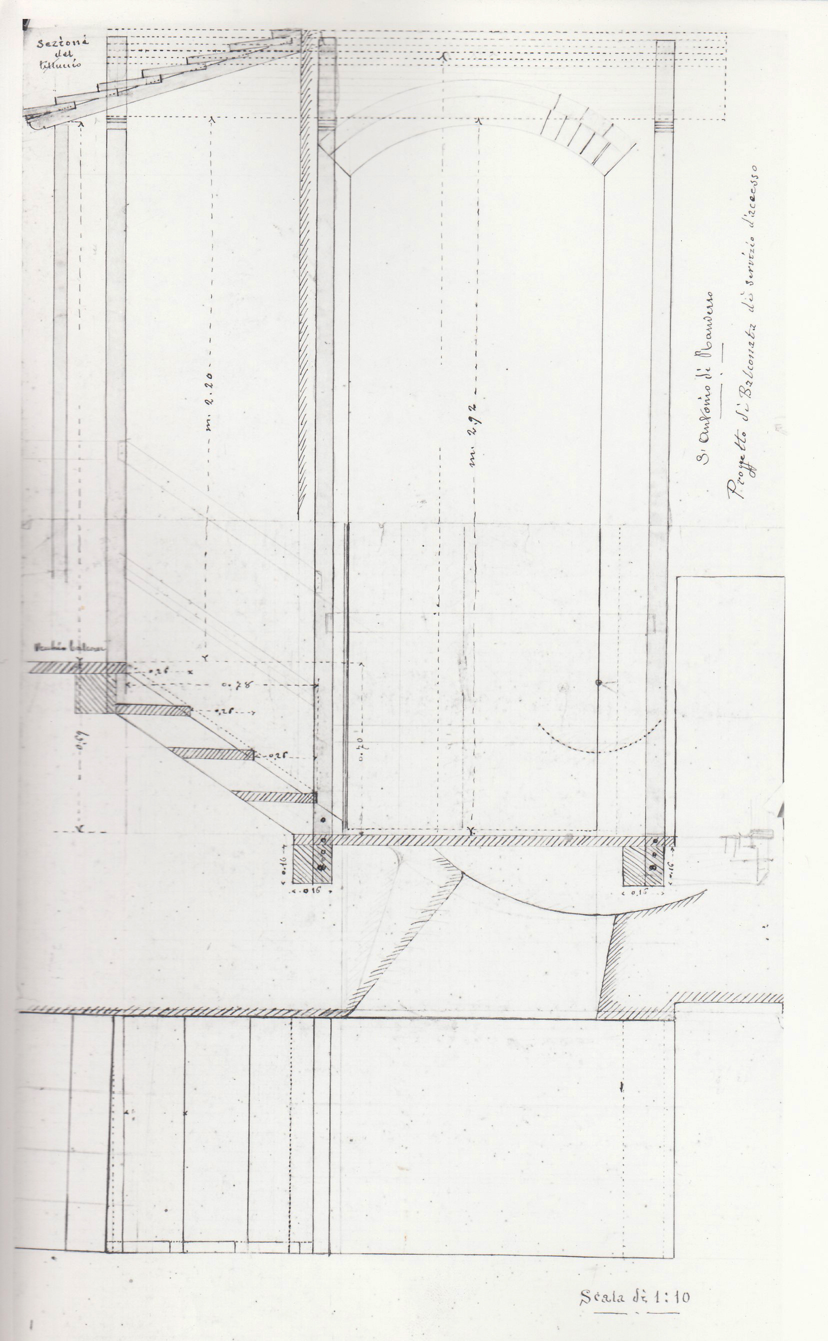 S. Antonio di Ranverso/ Progetto di Balconata di servizio di accesso/ Sezione del tettuccio, Abbazia di S. Antonio di Ranverso a Buttigliera Alta (TO)/ balconata/ sezioni orizzontale e verticale (disegno architettonico) - ambito piemontese 