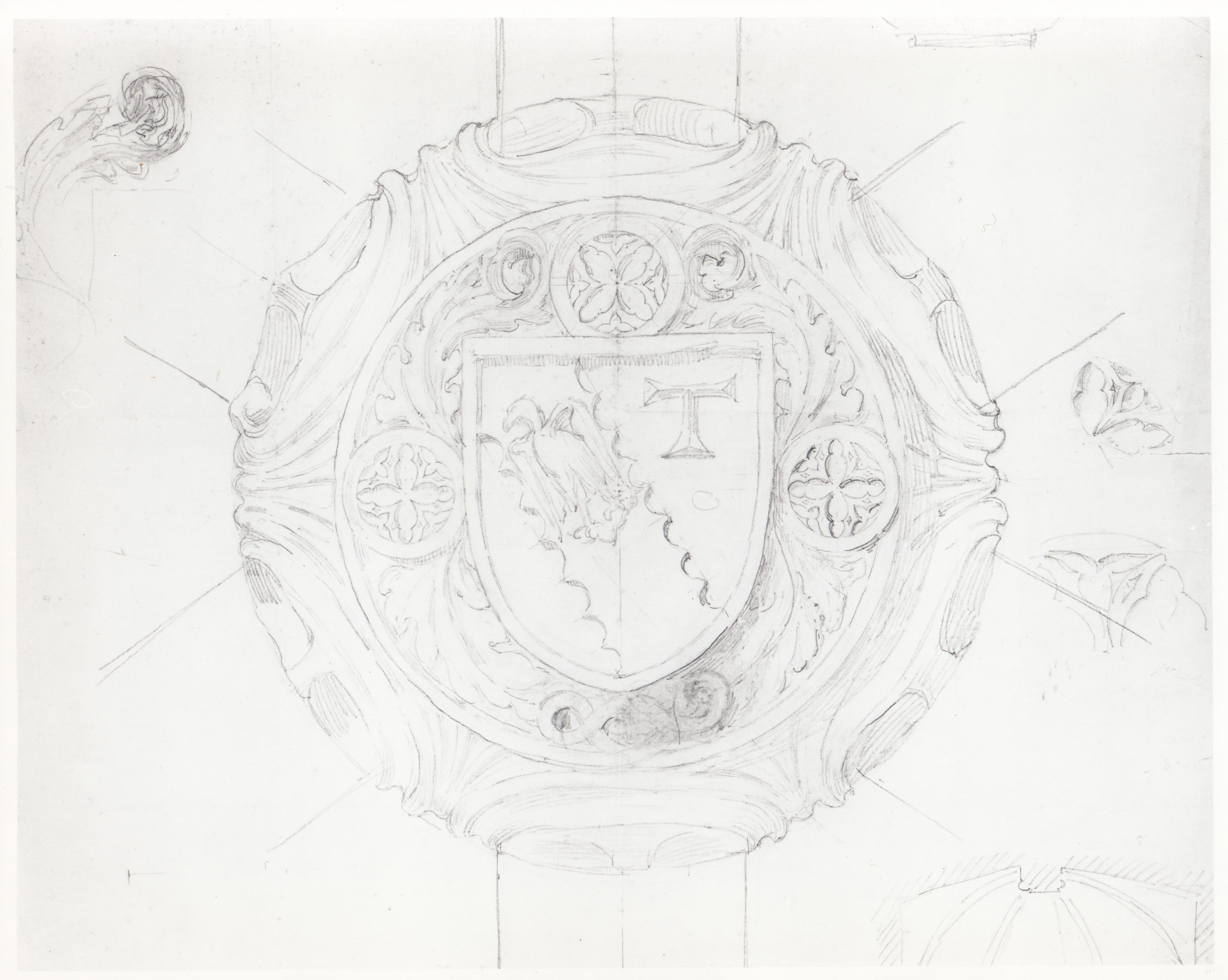 Abbazia di S. Antonio di Ranverso a Buttigliera Alta (TO)/ chiesa/ volta/ chiave/ prospetto (disegno) - ambito piemontese 