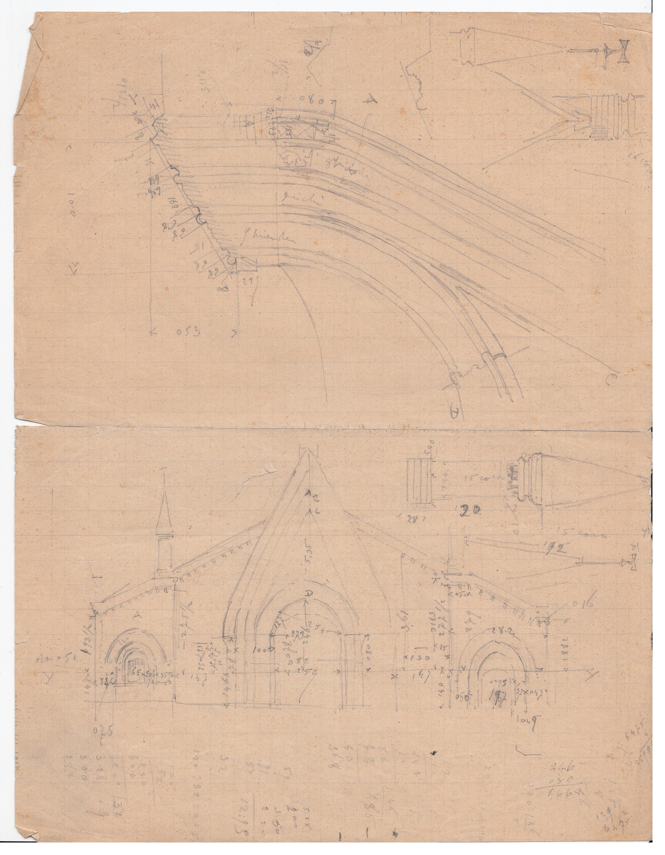 Abbazia di S. Antonio di Ranverso a Buttigliera Alta (TO)/ ospedale / prospetto della facciata e particolare delle modanature della ghimberga in prospetto e sezione (disegno architettonico) di Gallo Ernesto - ambito piemontese 